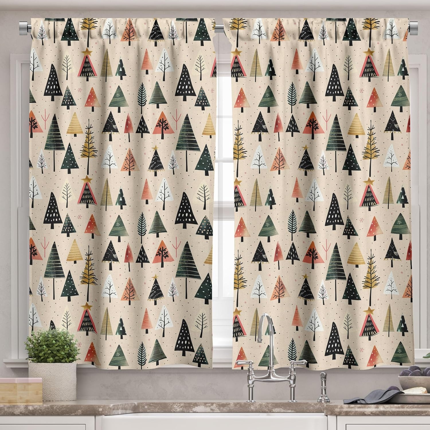 image:imageAmbesonne Christmas Valance and Curtain 3 pcs Set Modern Abstract Pine Trees Xmas Theme Dotted Background Print Window Treatments for Kitchen Room Decor 55 x 24 Beige Forest Green and Coral