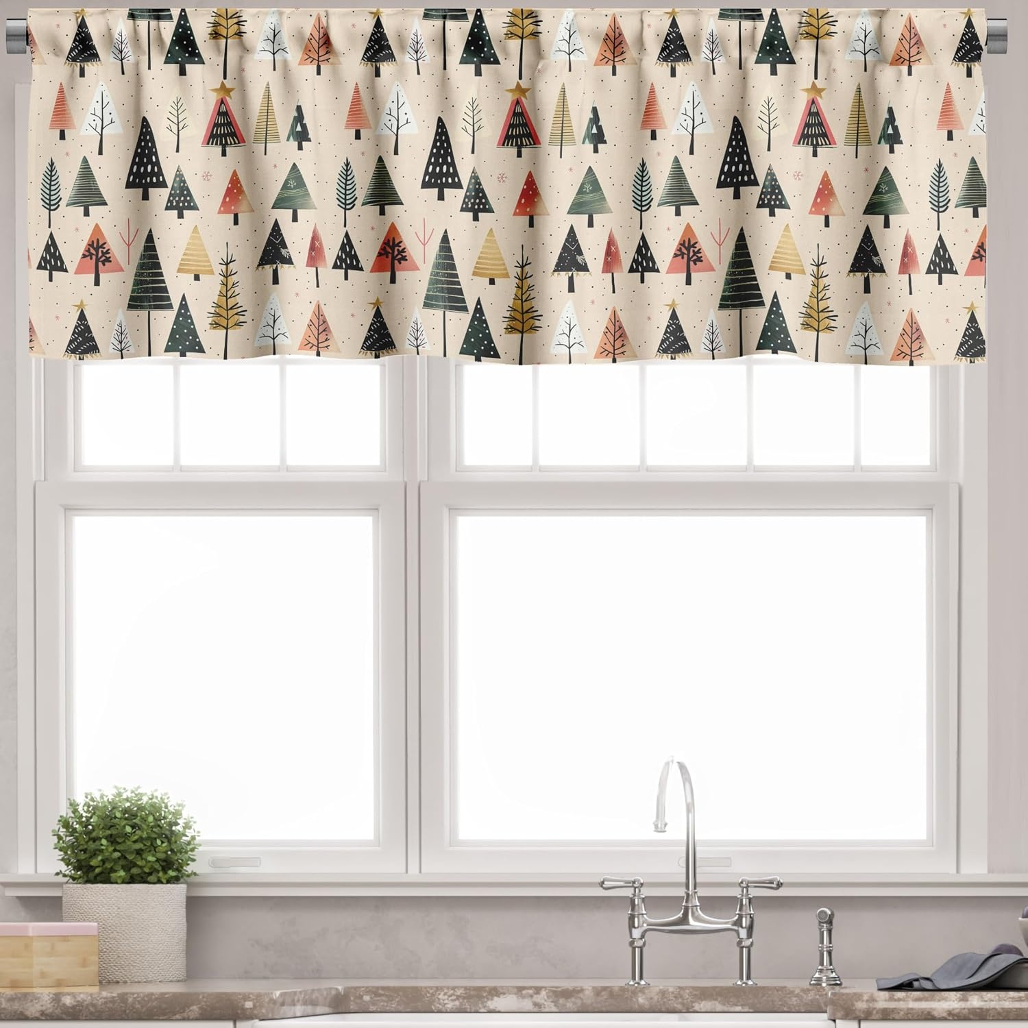 image:imageAmbesonne Christmas Valance and Curtain 3 pcs Set Modern Abstract Pine Trees Xmas Theme Dotted Background Print Window Treatments for Kitchen Room Decor 55 x 24 Beige Forest Green and Coral
