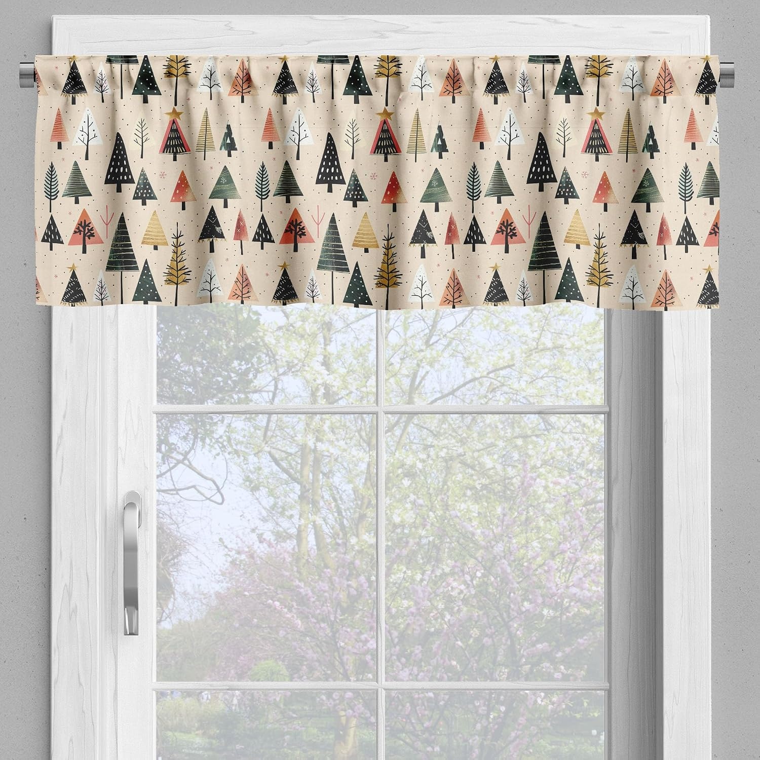 image:imageAmbesonne Christmas Valance and Curtain 3 pcs Set Modern Abstract Pine Trees Xmas Theme Dotted Background Print Window Treatments for Kitchen Room Decor 55 x 24 Beige Forest Green and Coral