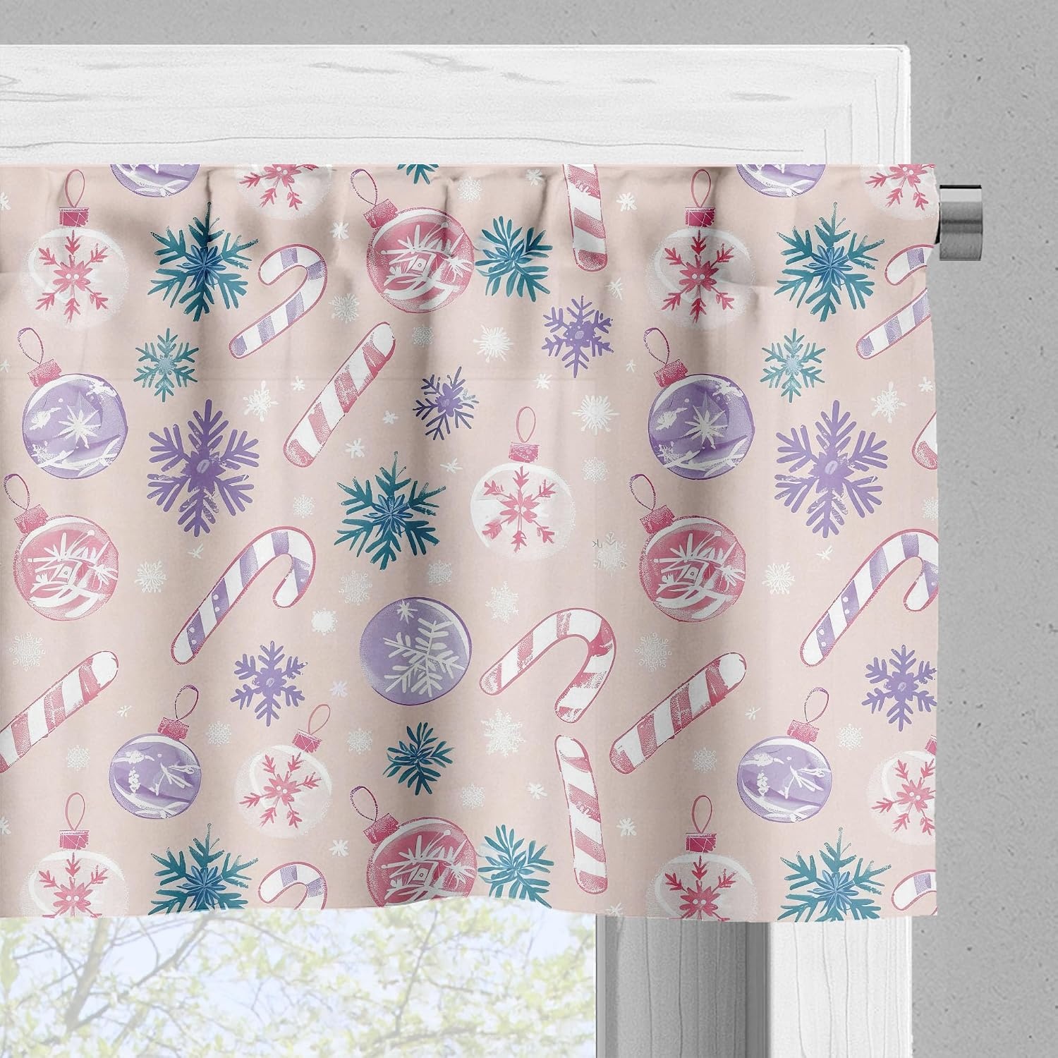 image:imageAmbesonne Christmas Valance and Curtain 3 pcs Set Xmas in Pastel Tones Delicate Theme with Candies and Globes Illustration Window Treatments for Kitchen Room Decor 55 x 36 Lavender Teal Beige