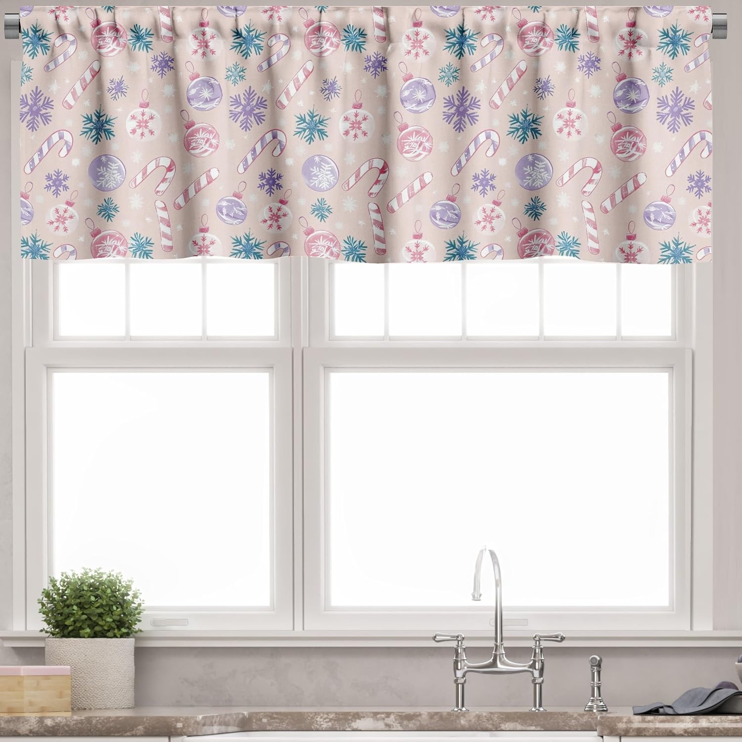 image:imageAmbesonne Christmas Valance and Curtain 3 pcs Set Xmas in Pastel Tones Delicate Theme with Candies and Globes Illustration Window Treatments for Kitchen Room Decor 55 x 36 Lavender Teal Beige