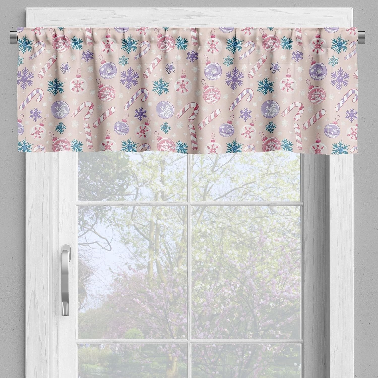 image:imageAmbesonne Christmas Valance and Curtain 3 pcs Set Xmas in Pastel Tones Delicate Theme with Candies and Globes Illustration Window Treatments for Kitchen Room Decor 55 x 36 Lavender Teal Beige