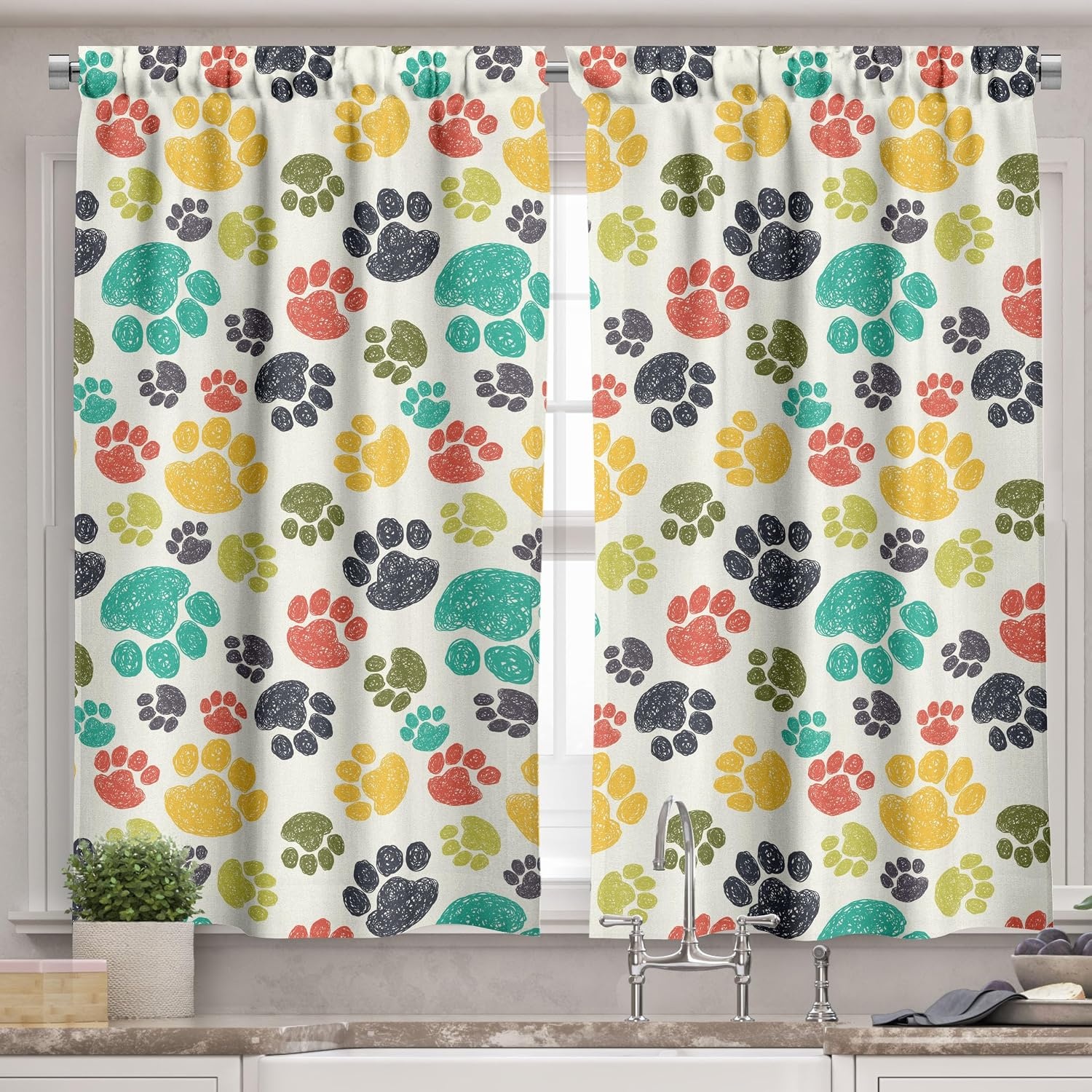 image:imageAmbesonne Dog Lover Valance amp Tier Curtain 3 pcs Set Hand Drawn Paw Print Doodles Circular Pattern Drawing Style Animal Window Treatments for Kitchen Room Decor 55 x 24 Charcoal BeigeCharcoal Beige