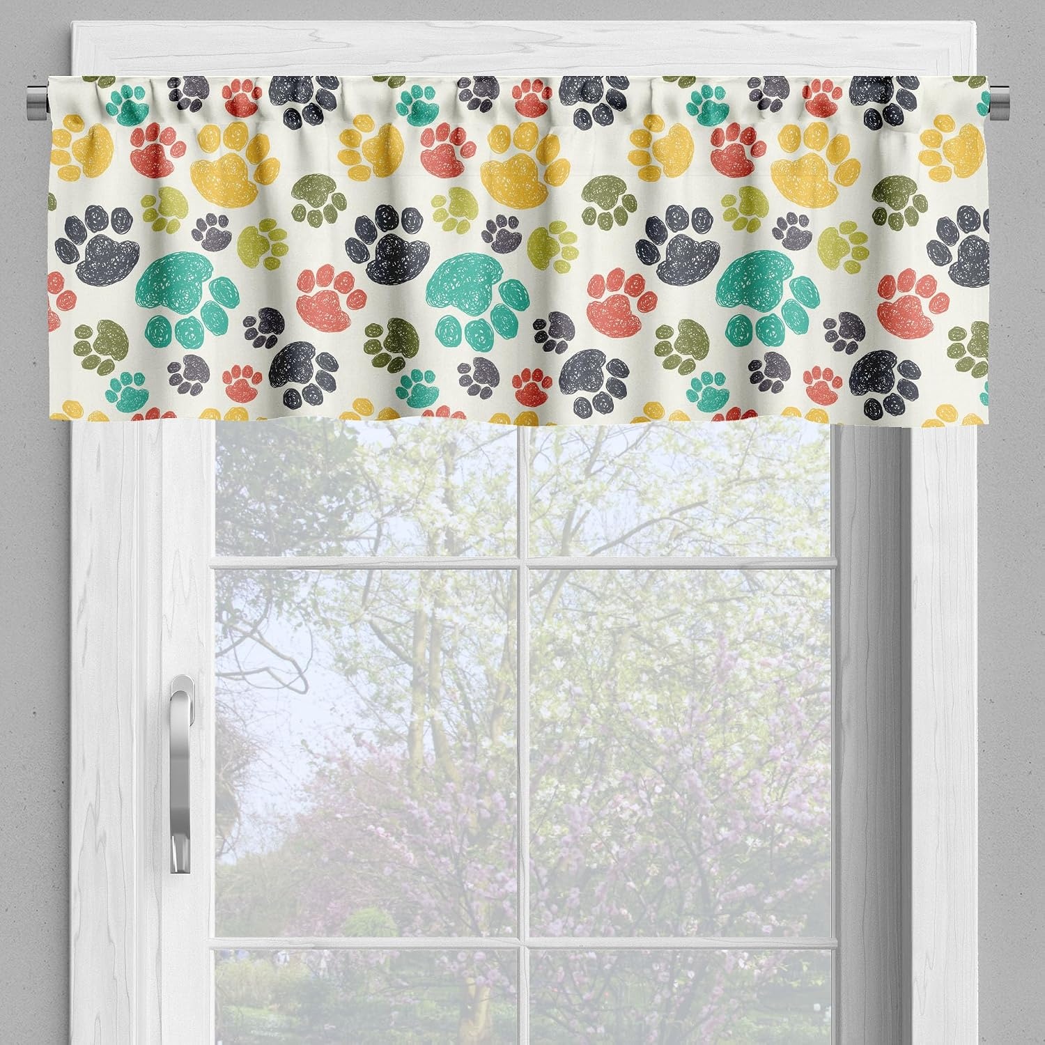 image:imageAmbesonne Dog Lover Valance amp Tier Curtain 3 pcs Set Hand Drawn Paw Print Doodles Circular Pattern Drawing Style Animal Window Treatments for Kitchen Room Decor 55 x 24 Charcoal BeigeCharcoal Beige