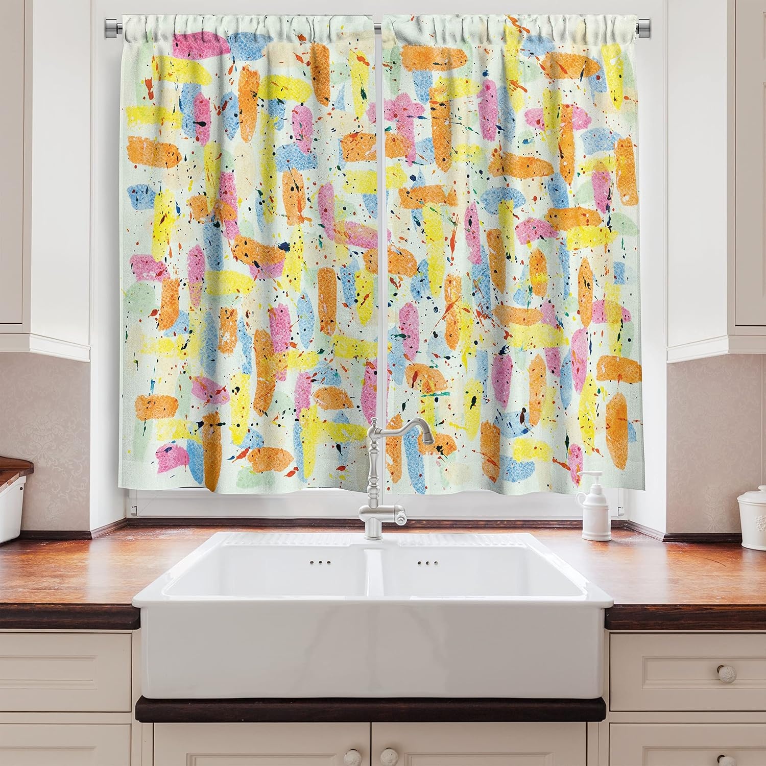 image:imageAmbesonne Dog Lover Valance amp Tier Curtain 3 pcs Set Hand Drawn Paw Print Doodles Circular Pattern Drawing Style Animal Window Treatments for Kitchen Room Decor 55 x 24 Charcoal BeigeYellow Orange