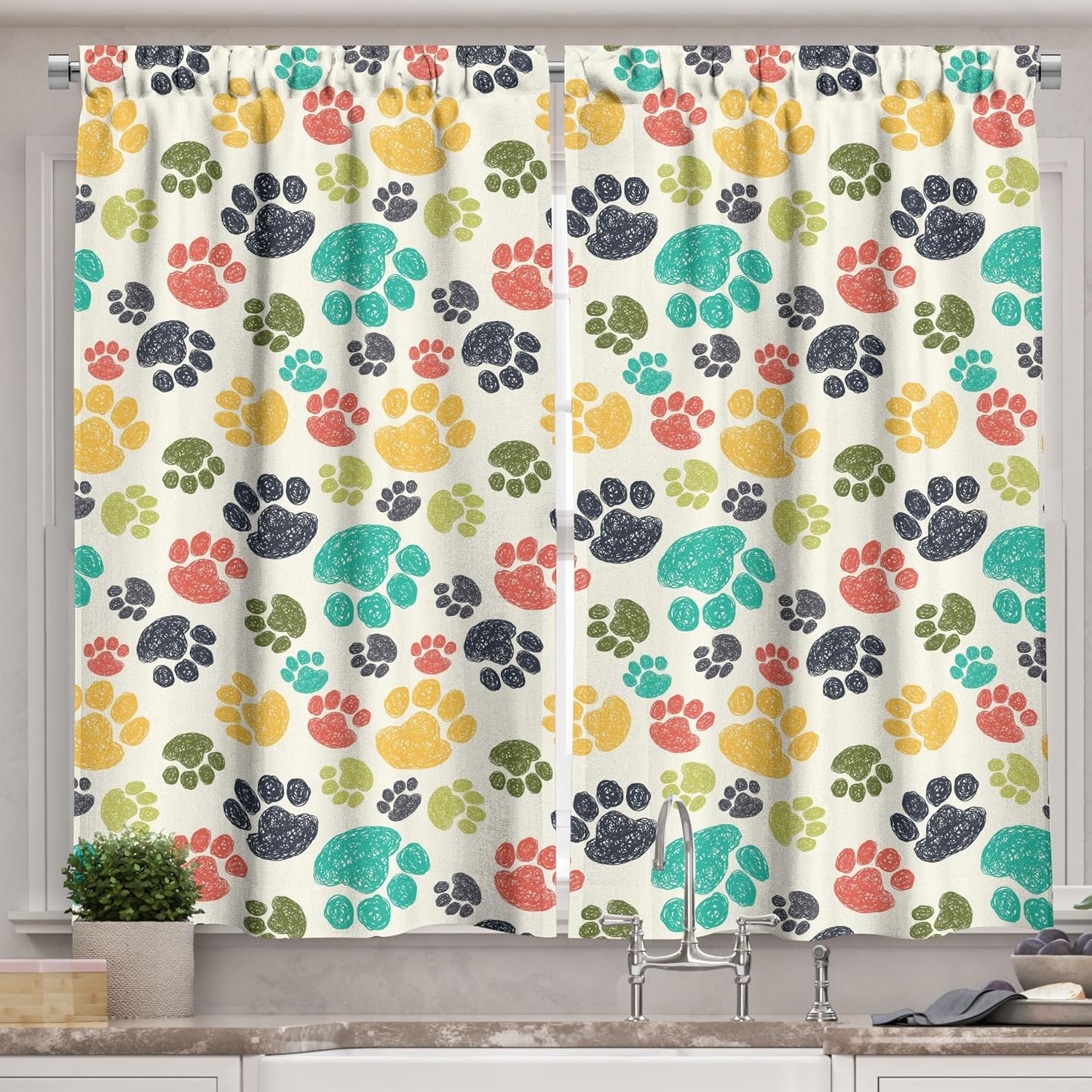 image:imageAmbesonne Dog Lover Valance amp Tier Curtain 3 pcs Set Hand Drawn Paw Print Doodles Circular Pattern Drawing Style Animal Window Treatments for Kitchen Room Decor 55 x 24 Charcoal BeigeCharcoal Beige