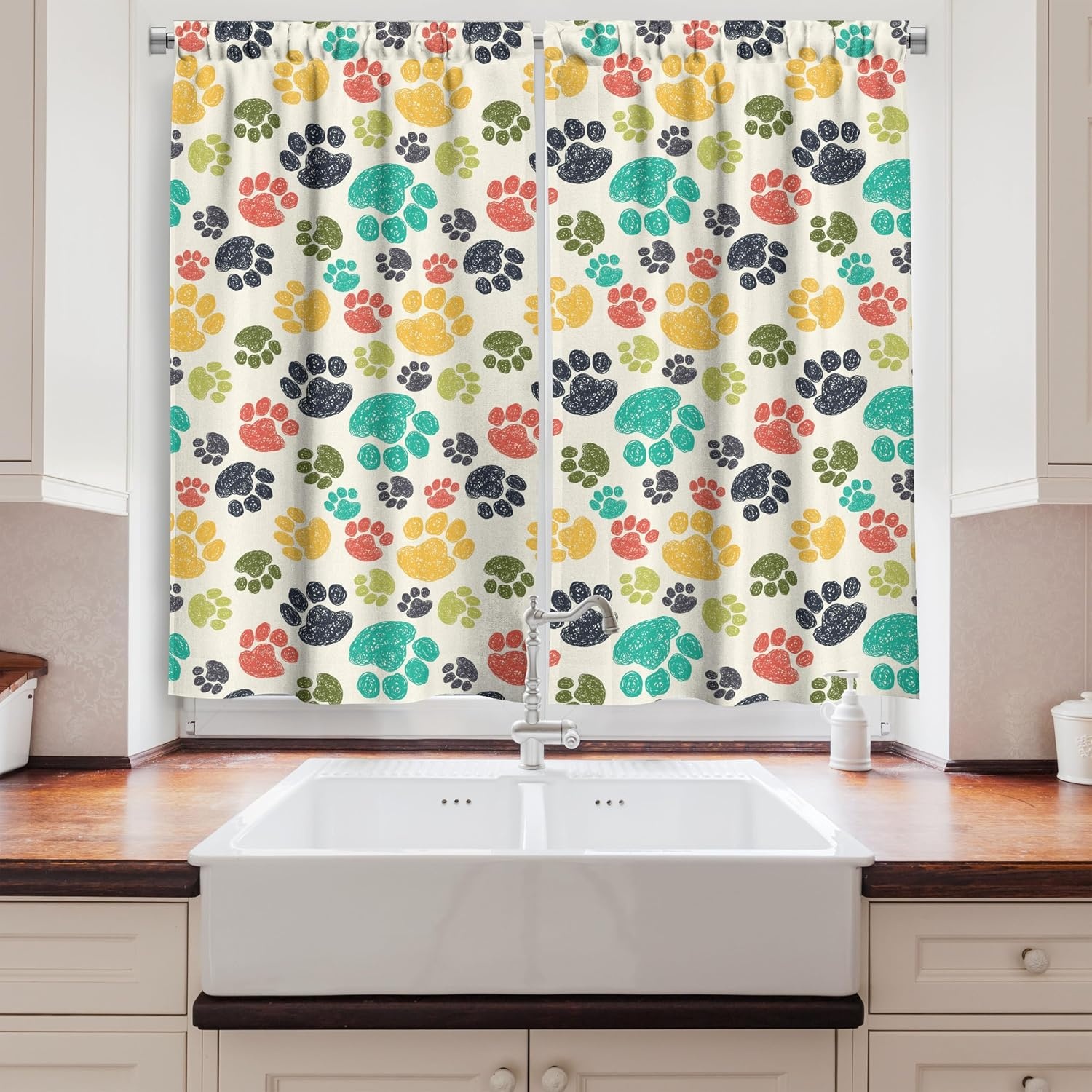 image:imageAmbesonne Dog Lover Valance amp Tier Curtain 3 pcs Set Hand Drawn Paw Print Doodles Circular Pattern Drawing Style Animal Window Treatments for Kitchen Room Decor 55 x 24 Charcoal BeigeCharcoal Beige