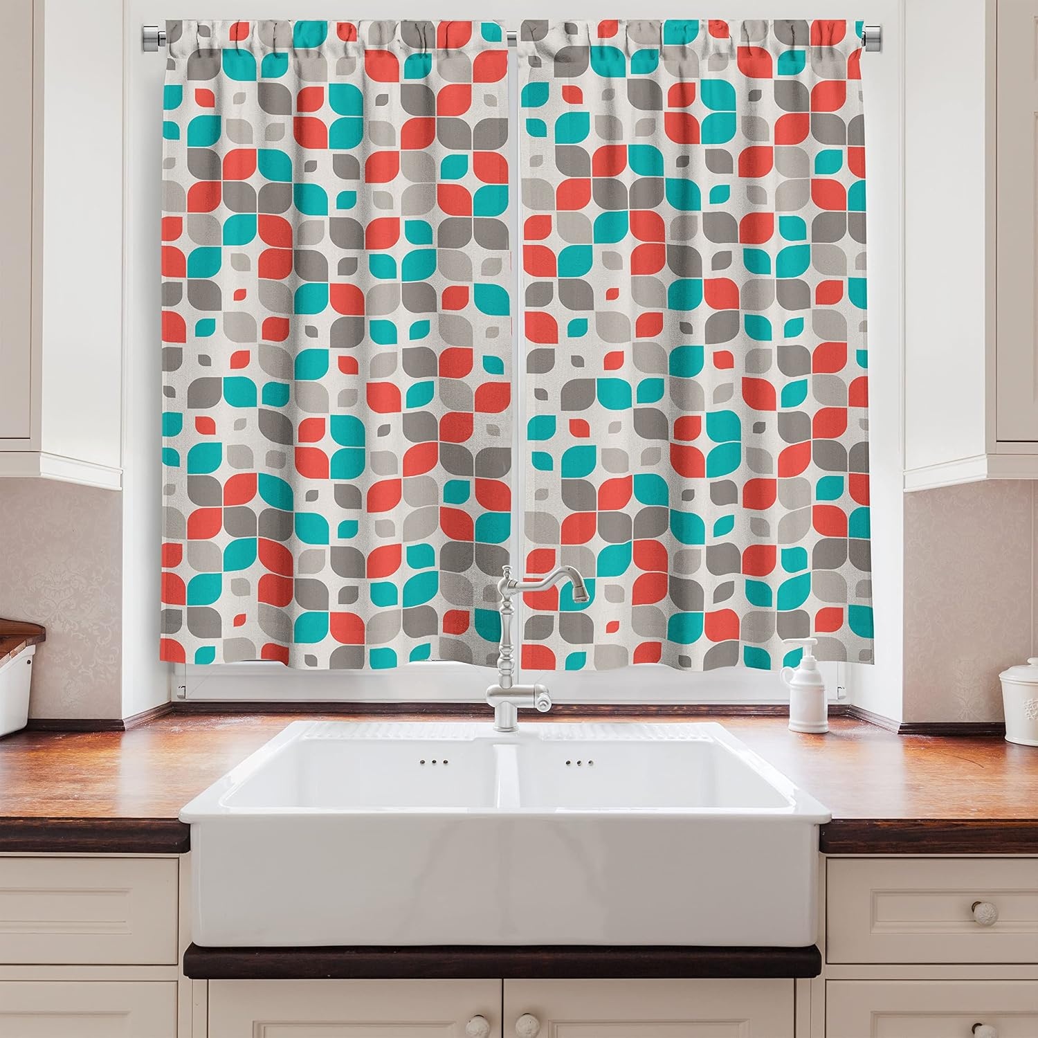 image:imageAmbesonne Dog Lover Valance amp Tier Curtain 3 pcs Set Hand Drawn Paw Print Doodles Circular Pattern Drawing Style Animal Window Treatments for Kitchen Room Decor 55 x 24 Charcoal BeigeTurquoise