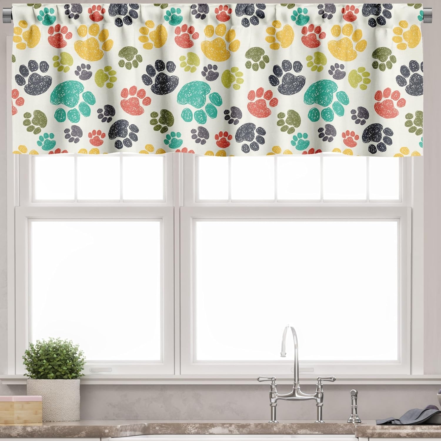 image:imageAmbesonne Dog Lover Valance amp Tier Curtain 3 pcs Set Hand Drawn Paw Print Doodles Circular Pattern Drawing Style Animal Window Treatments for Kitchen Room Decor 55 x 24 Charcoal BeigeCharcoal Beige