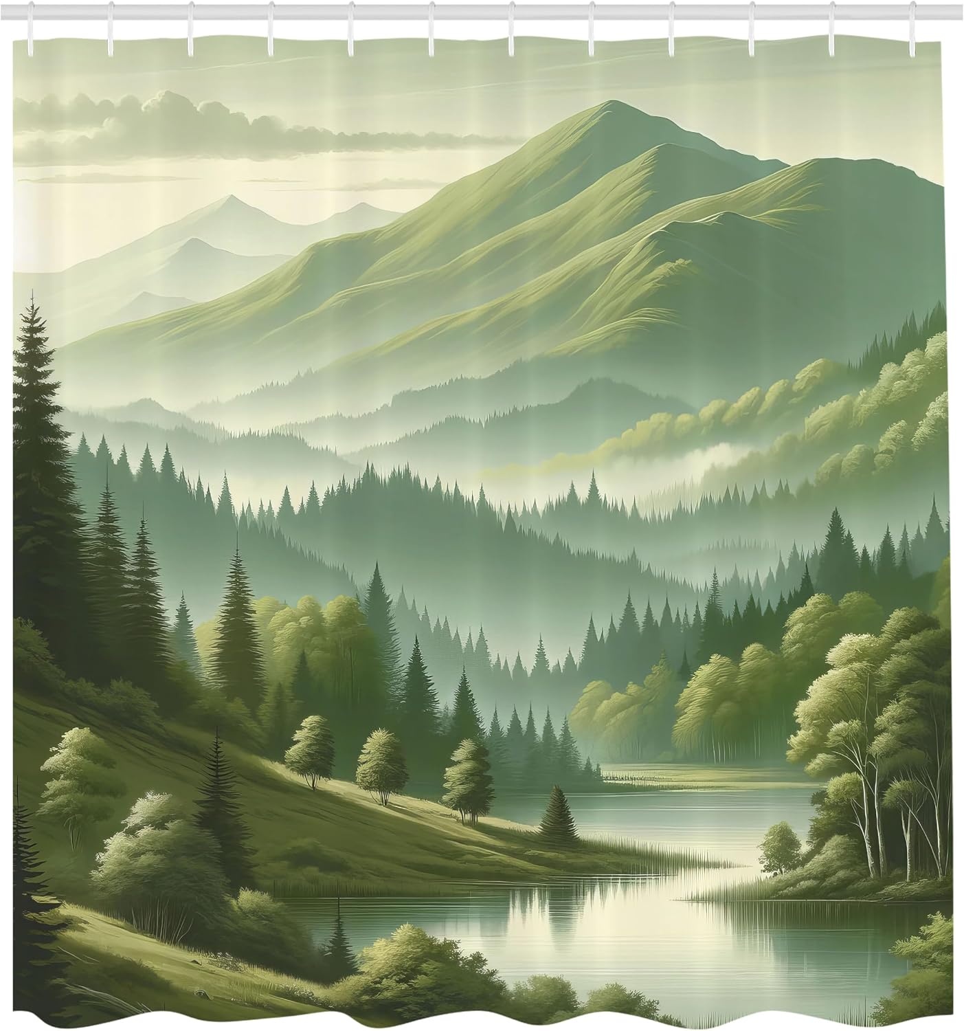 image:imageAmbesonne Sage Green Shower Curtain Mid Century Modern Style Chill Mountain Range Landscape Featuring Woods Cloth Fabric Bathroom Decor Set with Hooks 69 W x 75 L Dusk Eggshell TealSlate Brown Teal