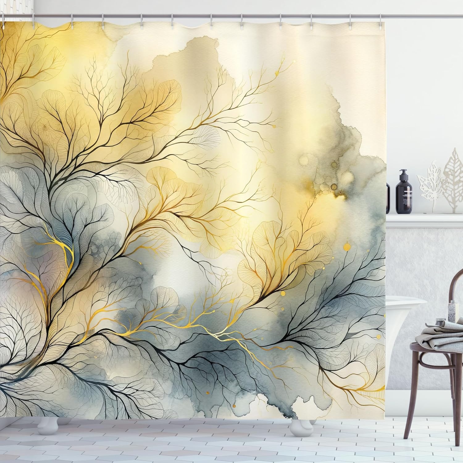 image:imageAmbesonne Sage Green Shower Curtain Mid Century Modern Style Chill Mountain Range Landscape Featuring Woods Cloth Fabric Bathroom Decor Set with Hooks 69 W x 75 L Dusk Eggshell TealKhaki Slate Blue Eggshell