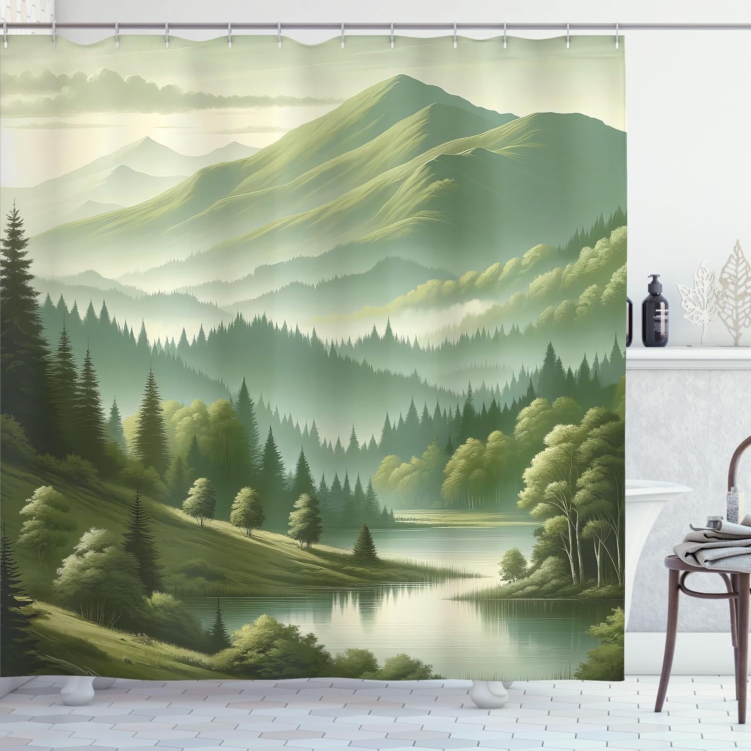 image:imageAmbesonne Sage Green Shower Curtain Mid Century Modern Style Chill Mountain Range Landscape Featuring Woods Cloth Fabric Bathroom Decor Set with Hooks 69 W x 75 L Dusk Eggshell TealSlate Brown Teal