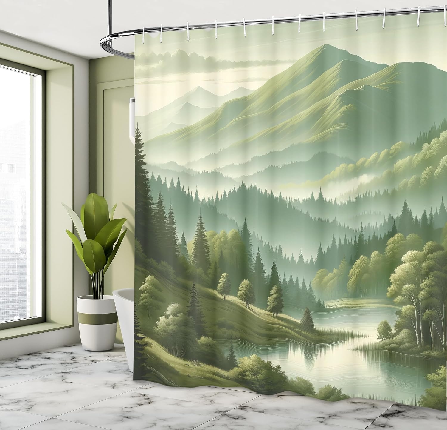 image:imageAmbesonne Sage Green Shower Curtain Mid Century Modern Style Chill Mountain Range Landscape Featuring Woods Cloth Fabric Bathroom Decor Set with Hooks 69 W x 75 L Dusk Eggshell TealSlate Brown Teal