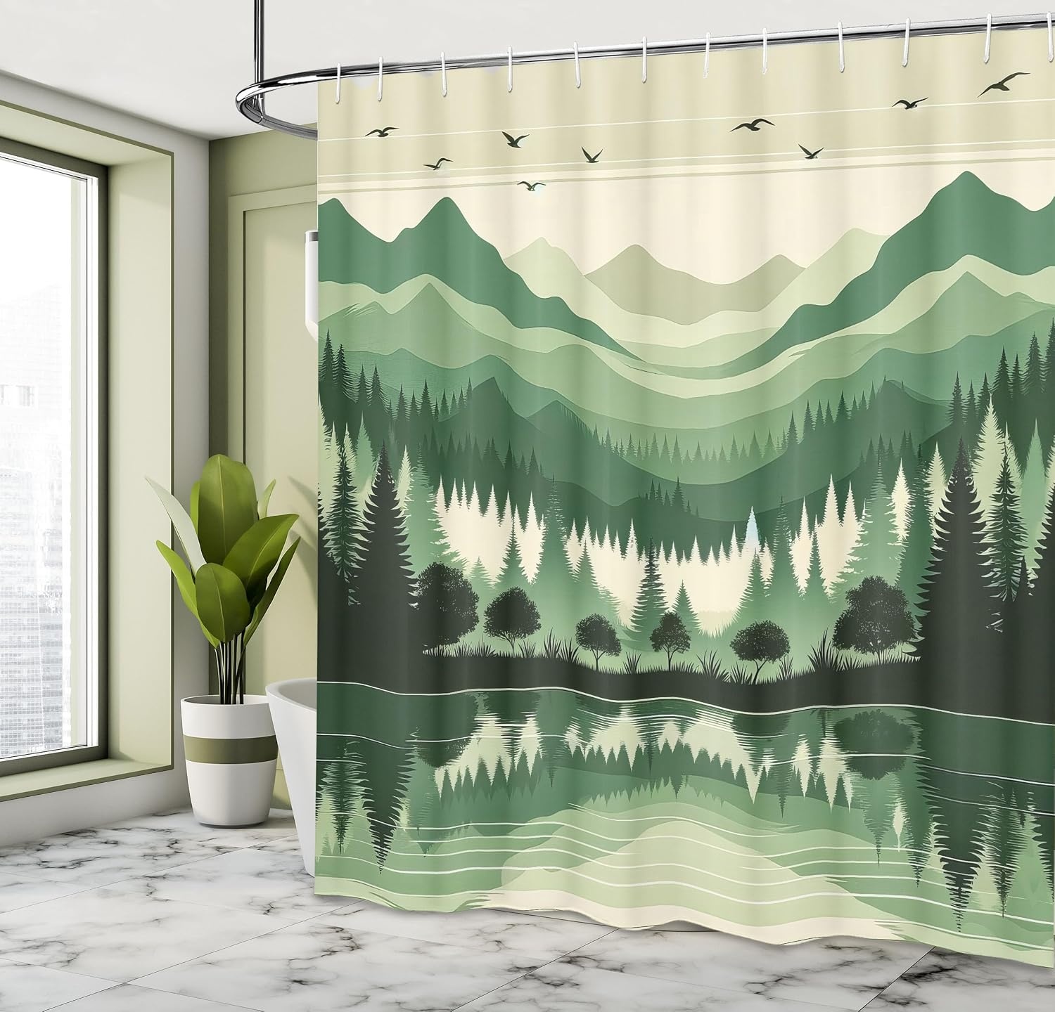 image:imageAmbesonne Sage Green Shower Curtain Mid Century Modern Style Chill Mountain Range Landscape Featuring Woods Cloth Fabric Bathroom Decor Set with Hooks 69 W x 75 L Dusk Eggshell TealDusk Eggshell Teal
