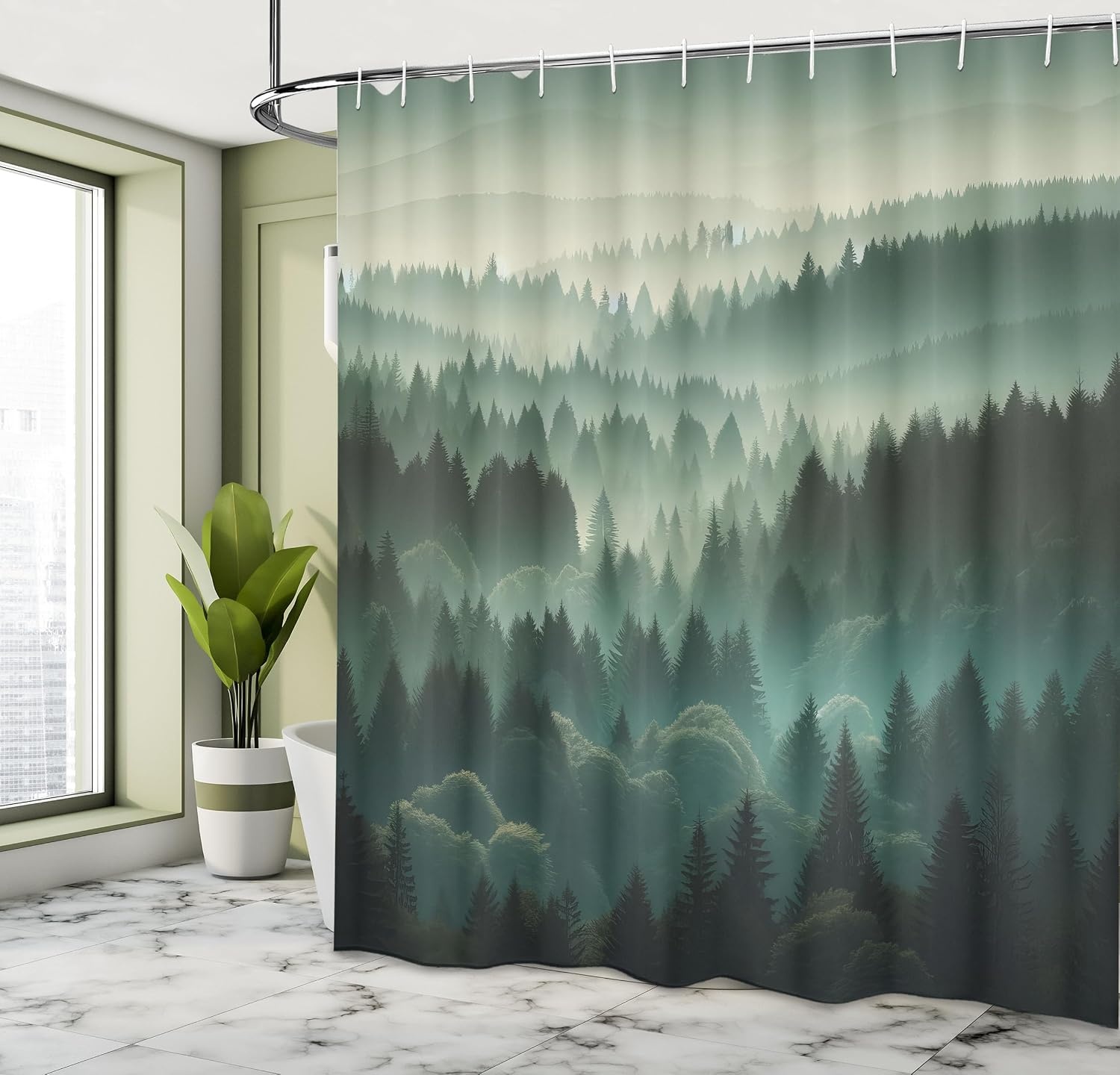 image:imageAmbesonne Sage Green Shower Curtain Mid Century Modern Style Chill Mountain Range Landscape Featuring Woods Cloth Fabric Bathroom Decor Set with Hooks 69 W x 75 L Dusk Eggshell TealTeal and Evergreen