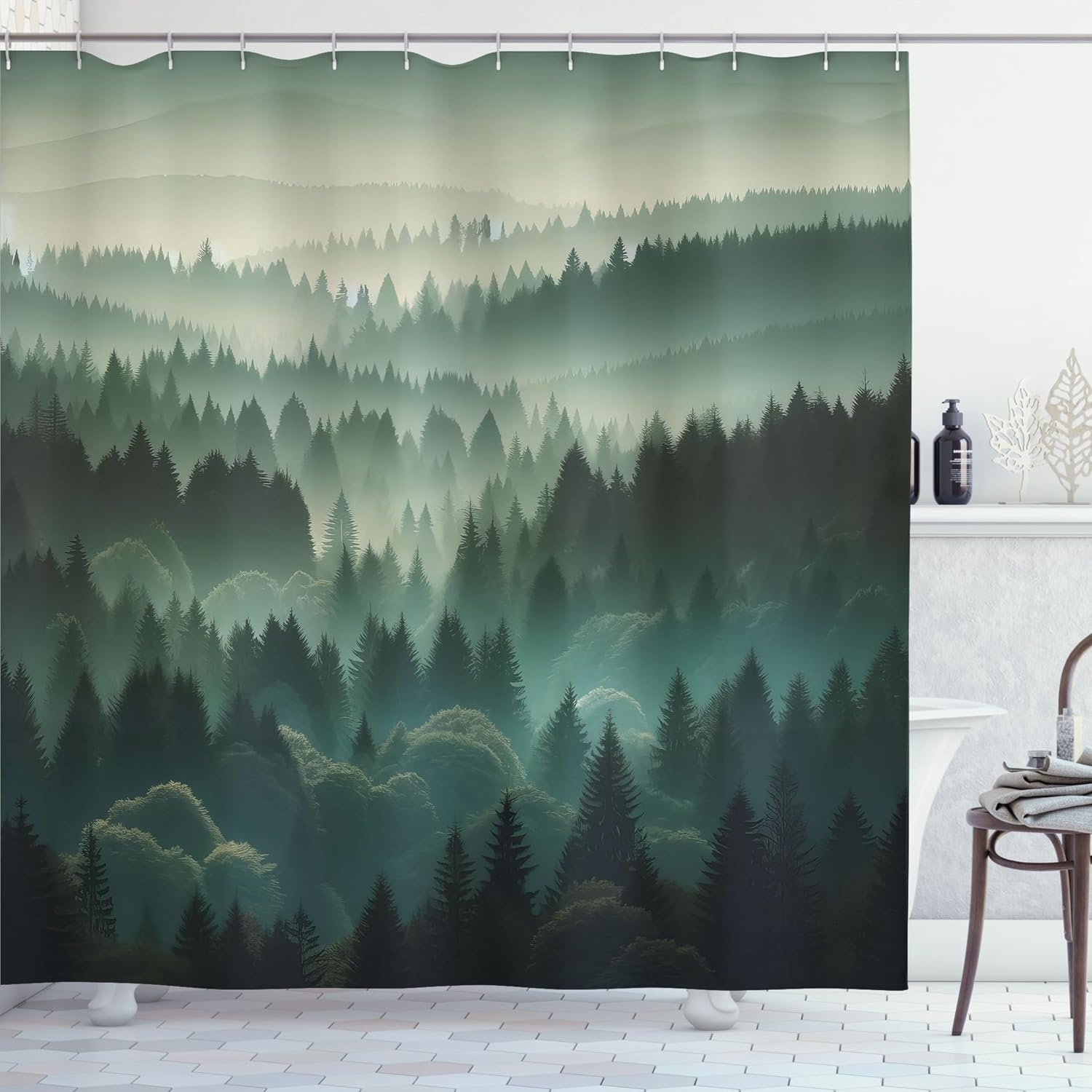 image:imageAmbesonne Sage Green Shower Curtain Mid Century Modern Style Chill Mountain Range Landscape Featuring Woods Cloth Fabric Bathroom Decor Set with Hooks 69 W x 75 L Dusk Eggshell TealTeal and Evergreen