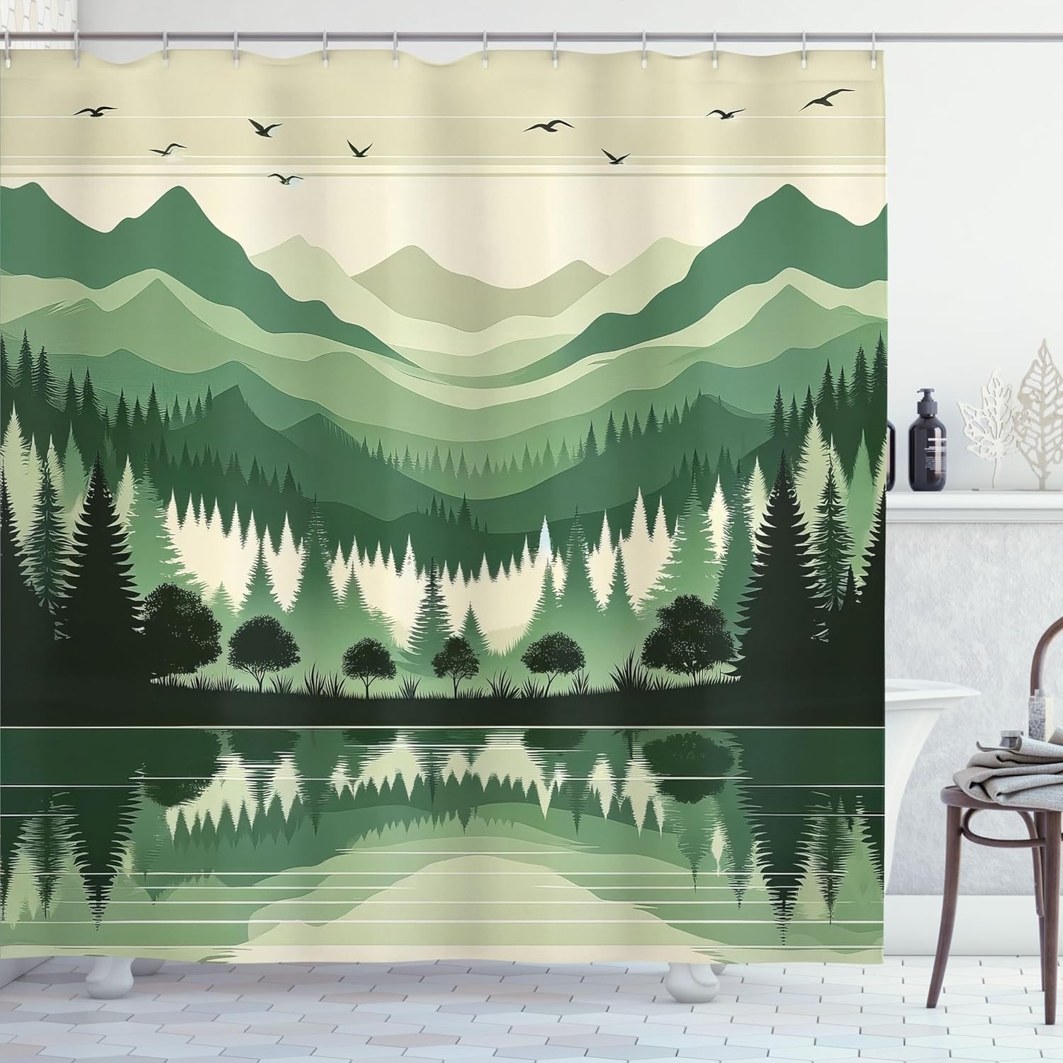 image:imageAmbesonne Sage Green Shower Curtain Mid Century Modern Style Chill Mountain Range Landscape Featuring Woods Cloth Fabric Bathroom Decor Set with Hooks 69 W x 75 L Dusk Eggshell TealDusk Eggshell Teal