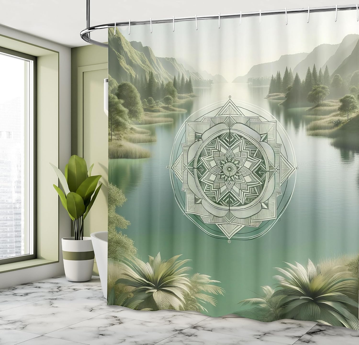 image:imageAmbesonne Sage Green Shower Curtain Mid Century Modern Style Chill Mountain Range Landscape Featuring Woods Cloth Fabric Bathroom Decor Set with Hooks 69 W x 75 L Dusk Eggshell TealSlate Brown Dusk Teal