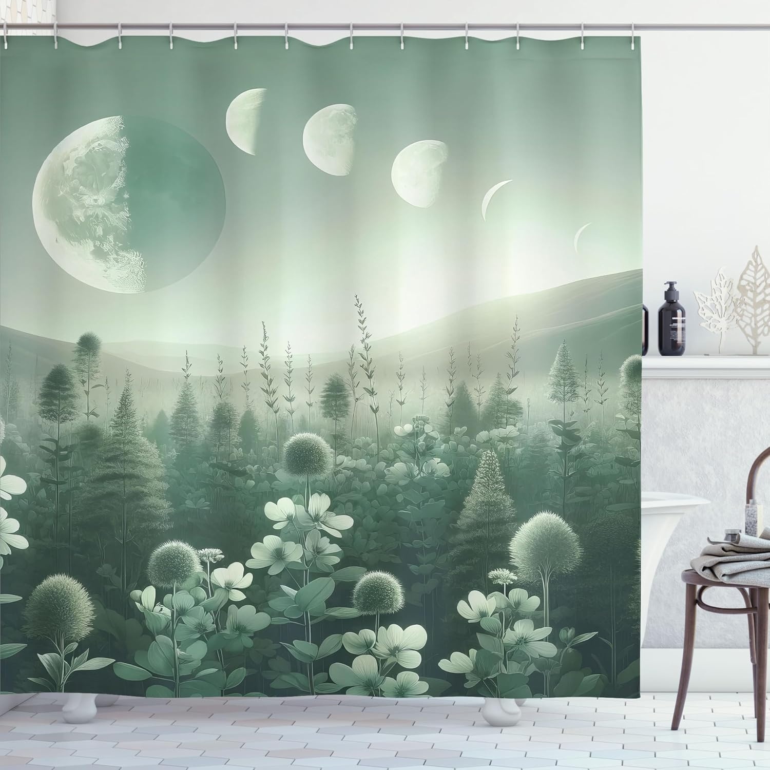 image:imageAmbesonne Sage Green Shower Curtain Mid Century Modern Style Chill Mountain Range Landscape Featuring Woods Cloth Fabric Bathroom Decor Set with Hooks 69 W x 75 L Dusk Eggshell TealTeal Pale Seafoam