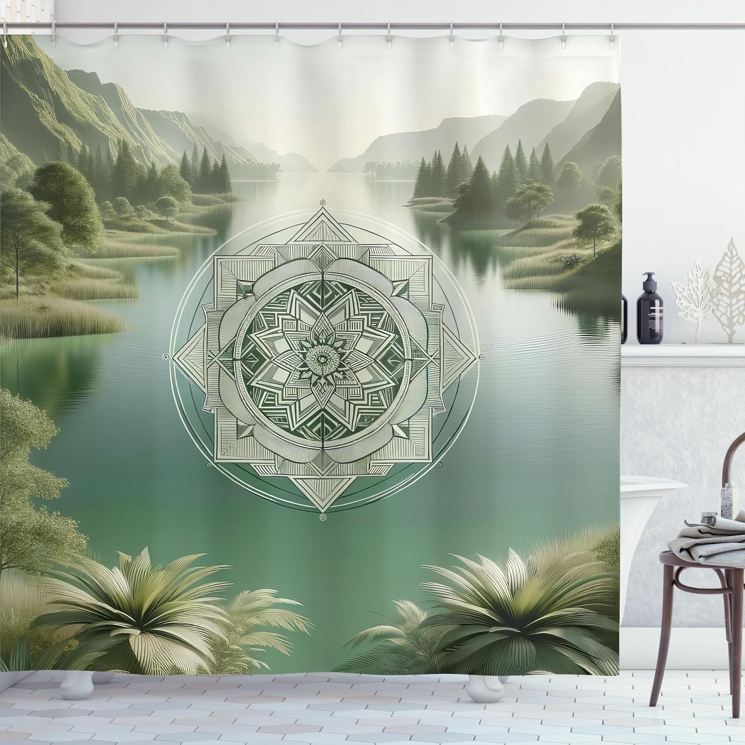 image:imageAmbesonne Sage Green Shower Curtain Mid Century Modern Style Chill Mountain Range Landscape Featuring Woods Cloth Fabric Bathroom Decor Set with Hooks 69 W x 75 L Dusk Eggshell TealSlate Brown Dusk Teal