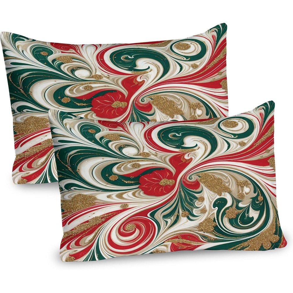 image:imageAmbesonne Christmas Pillow Sham Set of 2 Abstract Winter Feel Marble Print Art with Curling Lines Xmas Modern Quality Microfiber Bedding Item for All Seasons 30 x 20 Dark Pink Green Ivory