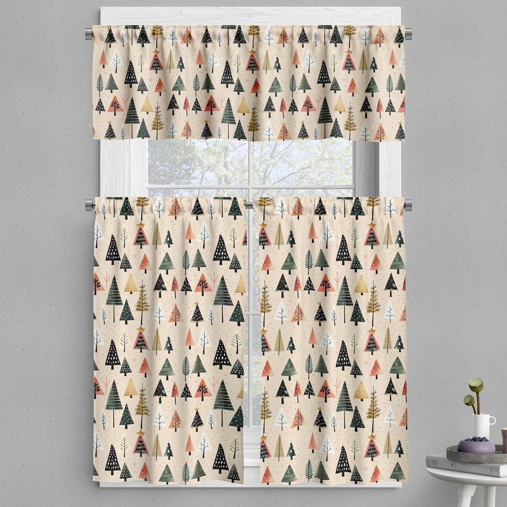 image:imageAmbesonne Christmas Valance and Curtain 3 pcs Set Modern Abstract Pine Trees Xmas Theme Dotted Background Print Window Treatments for Kitchen Room Decor 55 x 24 Beige Forest Green and Coral