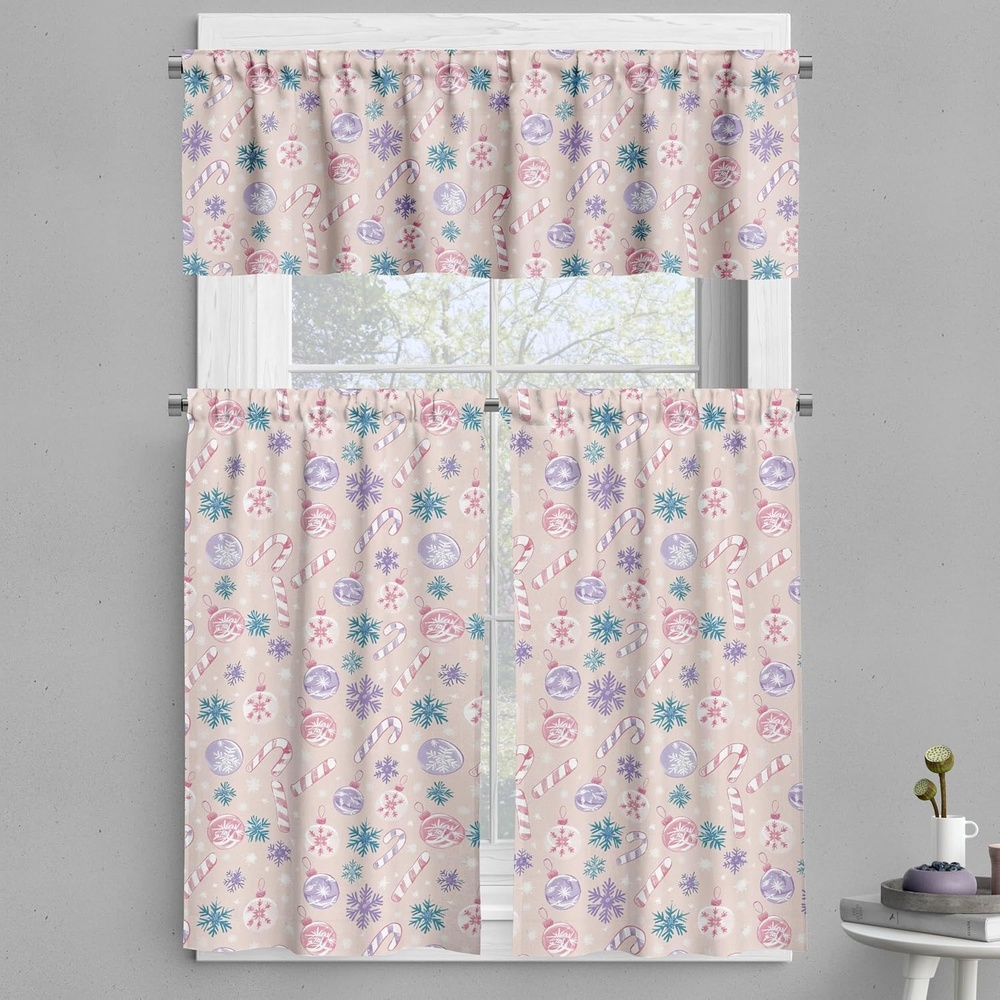 image:imageAmbesonne Christmas Valance and Curtain 3 pcs Set Xmas in Pastel Tones Delicate Theme with Candies and Globes Illustration Window Treatments for Kitchen Room Decor 55 x 36 Lavender Teal Beige