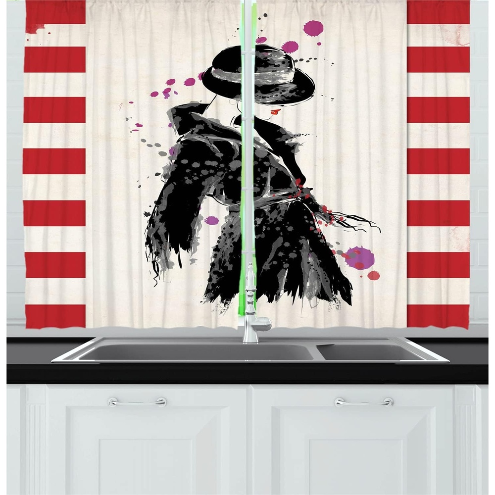 image:imageAmbesonne Dog Lover Valance amp Tier Curtain 3 pcs Set Hand Drawn Paw Print Doodles Circular Pattern Drawing Style Animal Window Treatments for Kitchen Room Decor 55 x 24 Charcoal BeigeBlack Red