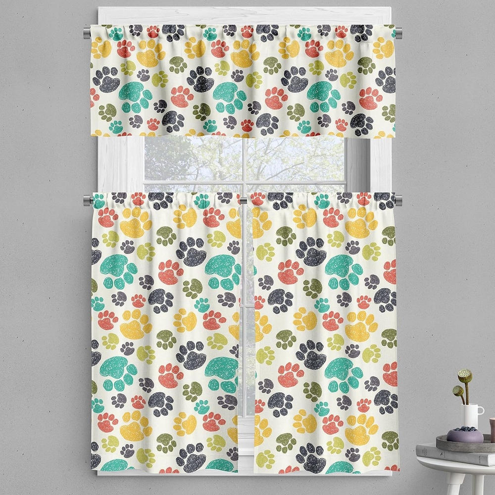 image:imageAmbesonne Dog Lover Valance amp Tier Curtain 3 pcs Set Hand Drawn Paw Print Doodles Circular Pattern Drawing Style Animal Window Treatments for Kitchen Room Decor 55 x 24 Charcoal BeigeCharcoal Beige
