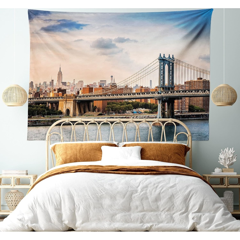 image:imageAmbesonne New York Tapestry Manhattan Bridge and the New York Skyline at Sunset East River Highrise Buildings Fabric Wall Hanging Decor for Bedroom Living Room Dorm 28 X 23 Camel Blue