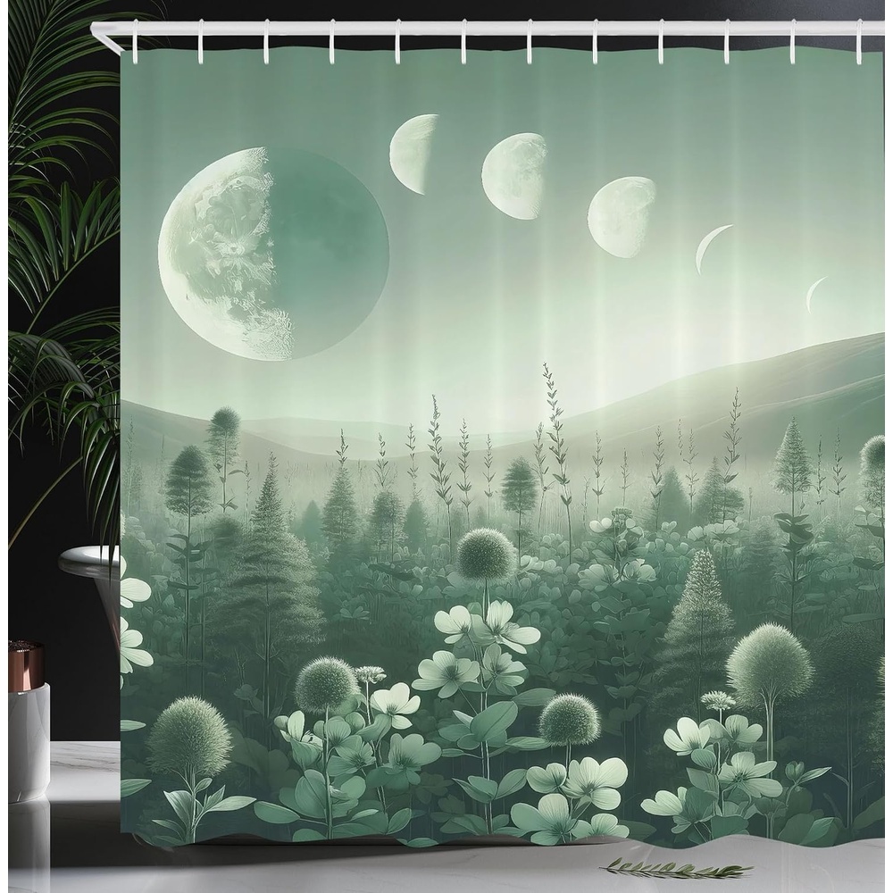 image:imageAmbesonne Sage Green Shower Curtain Mid Century Modern Style Chill Mountain Range Landscape Featuring Woods Cloth Fabric Bathroom Decor Set with Hooks 69 W x 75 L Dusk Eggshell TealTeal Pale Seafoam
