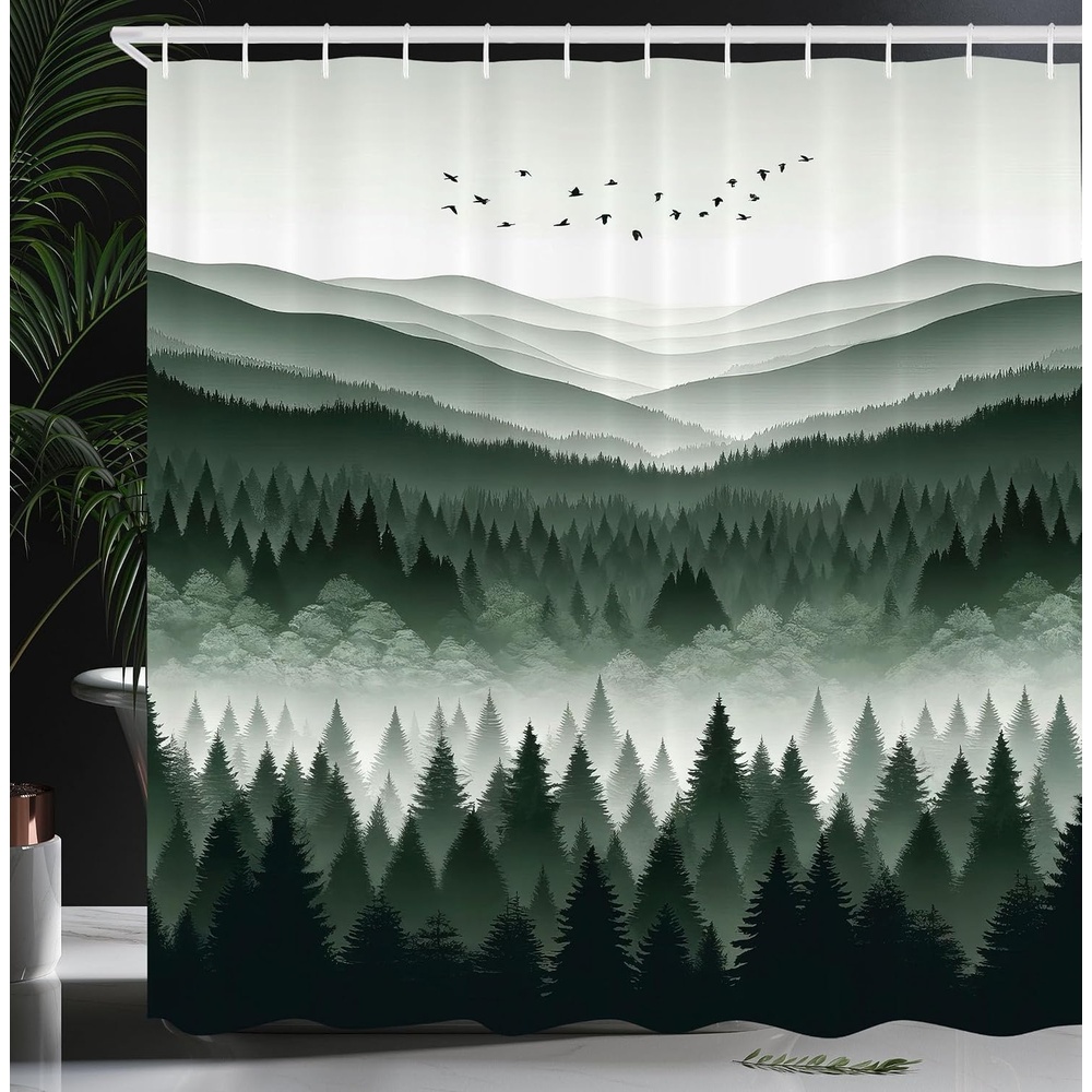 image:imageAmbesonne Sage Green Shower Curtain Mid Century Modern Style Chill Mountain Range Landscape Featuring Woods Cloth Fabric Bathroom Decor Set with Hooks 69 W x 75 L Dusk Eggshell TealEmerald Off White