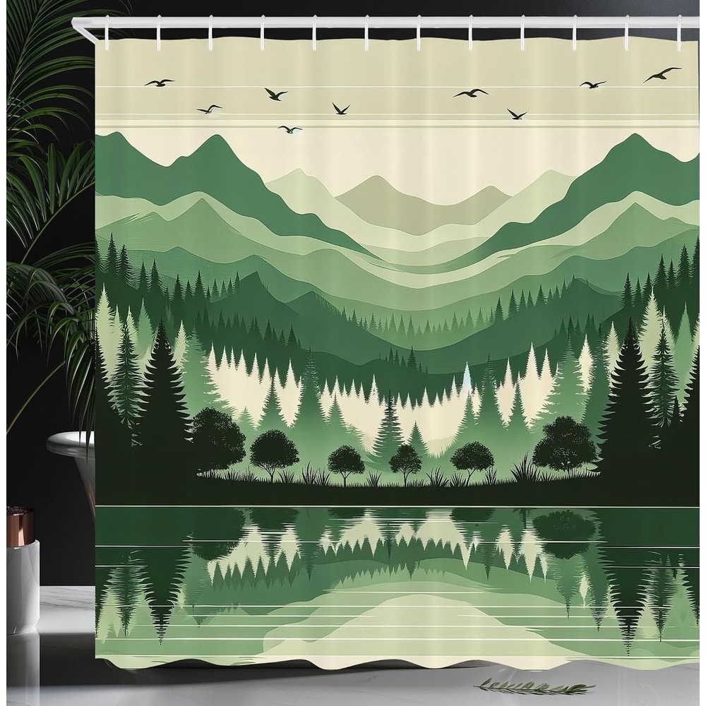 image:imageAmbesonne Sage Green Shower Curtain Mid Century Modern Style Chill Mountain Range Landscape Featuring Woods Cloth Fabric Bathroom Decor Set with Hooks 69 W x 75 L Dusk Eggshell TealDusk Eggshell Teal