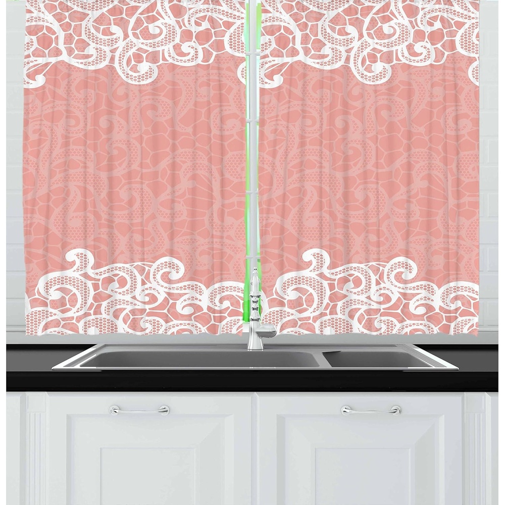 image:imageAmbesonne Sports Valance amp Tier Curtain 3 pcs Set Baseball Patterns on Vertical Striped Background Stars Design Window Treatments for Room Kitchen Decor 55 x 24 Night Blue Red WhiteCoral White