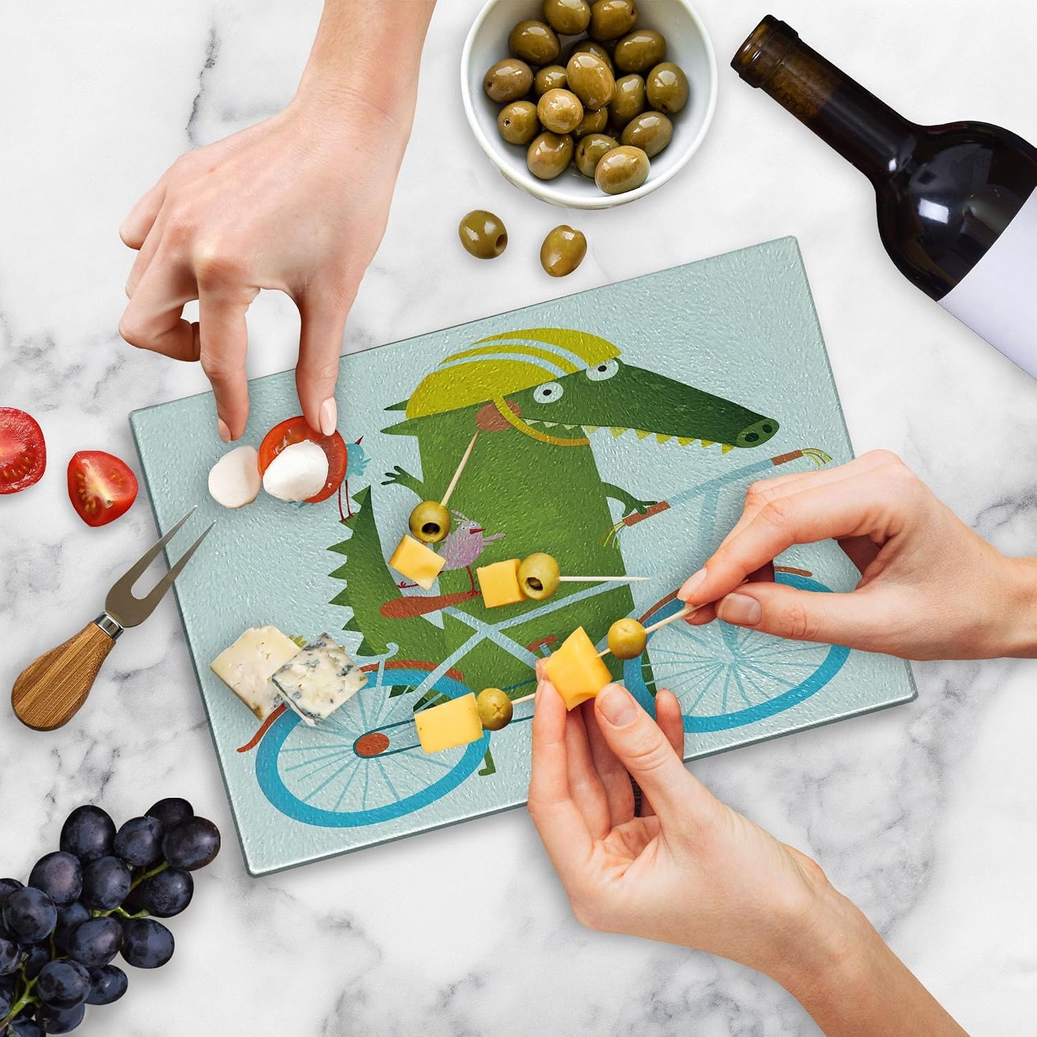 image:imageAmbesonne Funny Cutting Board Green Crocodile Yellow Hat Going for a Bike Ride with Friends Cartoon Decorative Tempered Glass Cutting and Serving Board Small Size Green Aqua