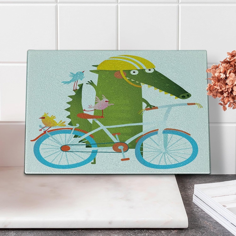 image:imageAmbesonne Funny Cutting Board Green Crocodile Yellow Hat Going for a Bike Ride with Friends Cartoon Decorative Tempered Glass Cutting and Serving Board Small Size Green Aqua