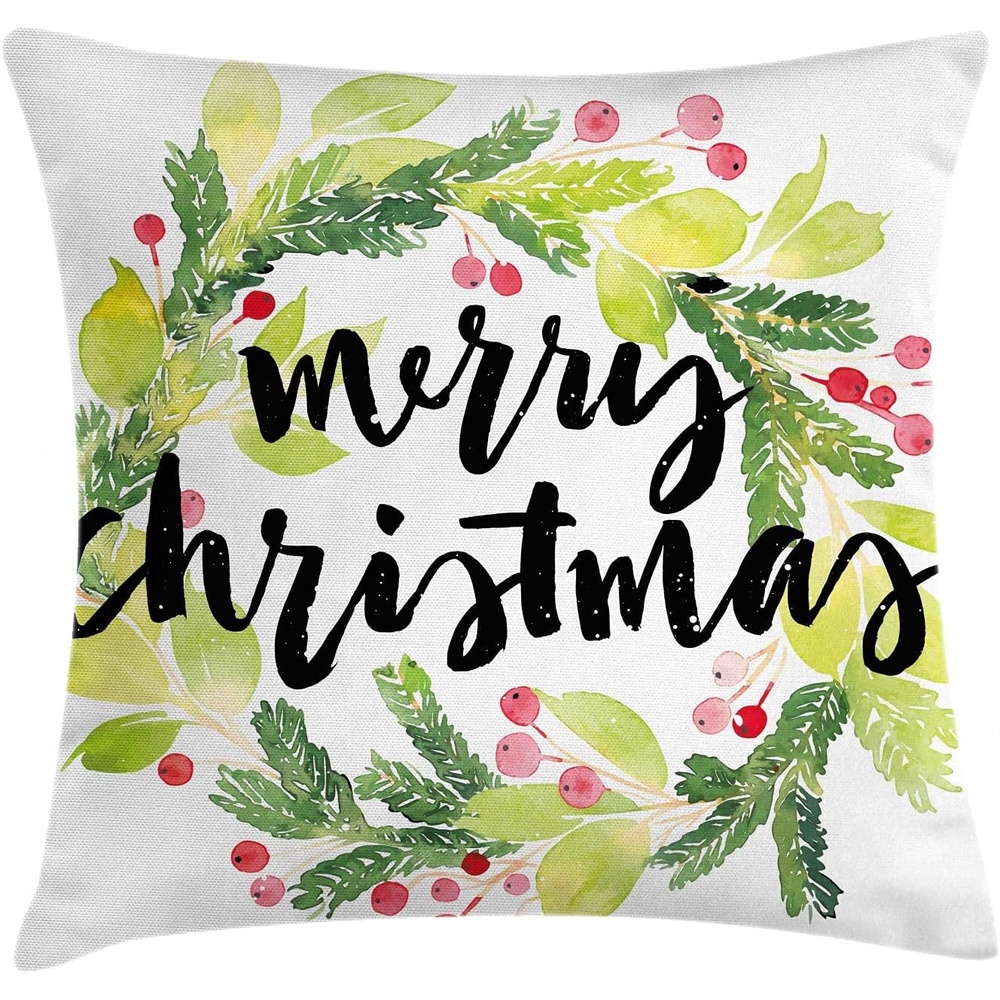 image:imageAmbesonne Christmas Throw Pillow Cushion Cover Watercolor Painting Style Christmas Wreath and Hand Lettering Mistletoe Decorative Square Accent Pillow Case 20 X 20 Black Green