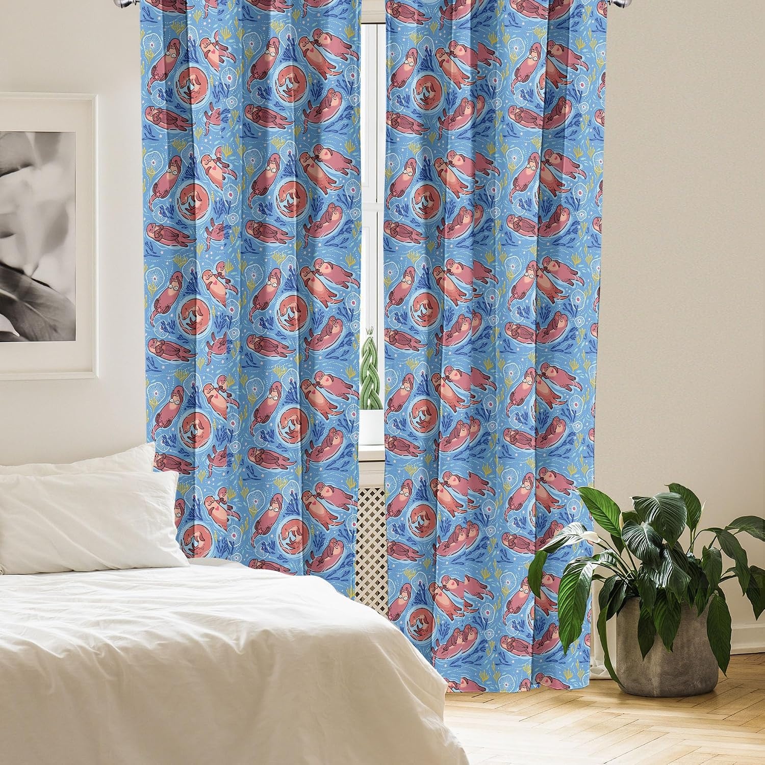 image:imageAmbesonne Cartoon Window Curtains Style Otters with Ornamental Seaweed and Corals in Blue Water Lightweight Decor 2Panel Set with Rod Pocket Pair of 28 x 95 Ocean Blue