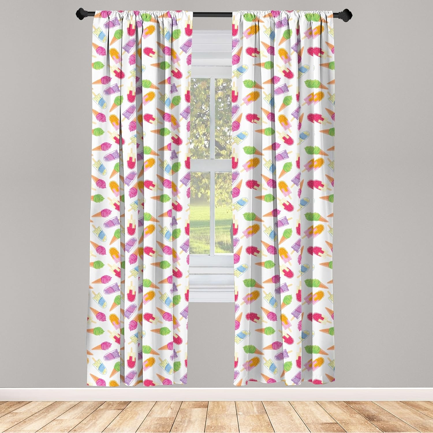 image:imageAmbesonne Ice Cream Curtains Cartoon Style Cones with Vibrant Colored Creamy Scoops and Popsicles Tooth Window Treatments 2 Panel Set for Living Room Bedroom Pair of 28 x 95 Pale Lavender