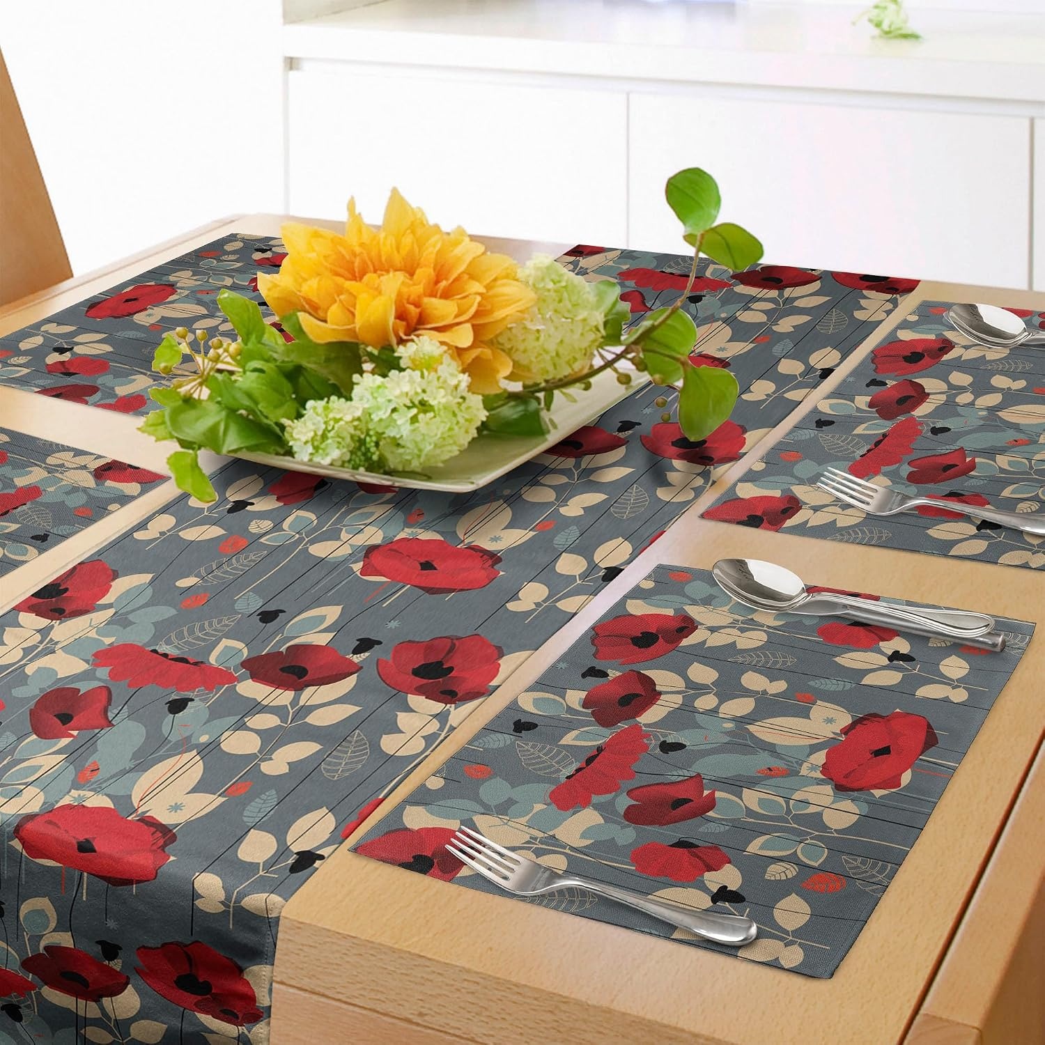 image:imageAmbesonne Leaf Table Runner amp Placemats Tropical Jungle Palm Tree Banana Leaves Frangipani Heliconia on Dark Blue Background Set for Dining Table Decor Placemat 4 pcs Runner 16x72 Blue TealBeige Grey