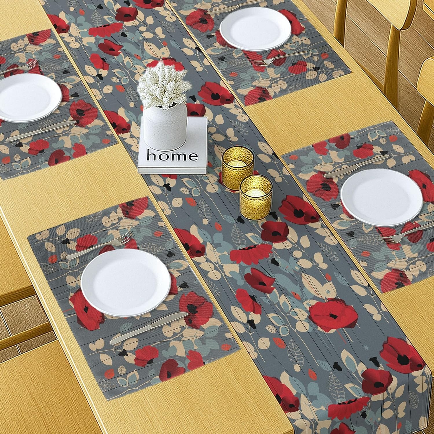 image:imageAmbesonne Leaf Table Runner amp Placemats Tropical Jungle Palm Tree Banana Leaves Frangipani Heliconia on Dark Blue Background Set for Dining Table Decor Placemat 4 pcs Runner 16x72 Blue TealBeige Grey