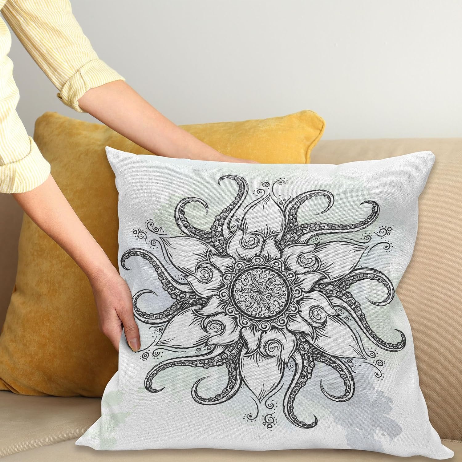 image:imageAmbesonne Mid Century Throw Pillow Cushion Cover RetroThemed Styled Round Edged Square Pattern in Old Earth Tones Decorative Square Accent Pillow Case 20 X 20 Yellow BrownGrey White