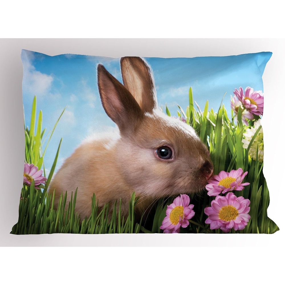 image:imageAmbesonne Easter Pillow Sham Easter Themed Rabbit Photography Small Animal in Tall Grass with Spring Flowers Decorative Standard Queen Size Printed Pillowcase 30 X 20 Brown