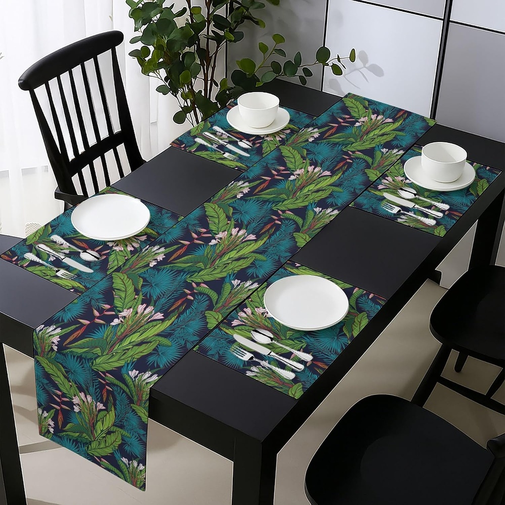image:imageAmbesonne Leaf Table Runner amp Placemats Tropical Jungle Palm Tree Banana Leaves Frangipani Heliconia on Dark Blue Background Set for Dining Table Decor Placemat 4 pcs  Runner 16x72 Blue TealBlue Teal