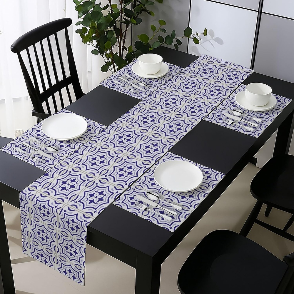 image:imageAmbesonne Leaf Table Runner amp Placemats Tropical Jungle Palm Tree Banana Leaves Frangipani Heliconia on Dark Blue Background Set for Dining Table Decor Placemat 4 pcs  Runner 16x72 Blue TealViolet Blue