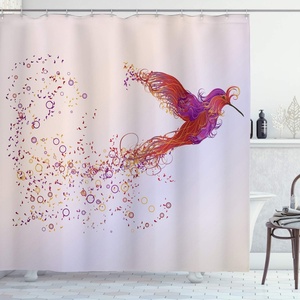 Ambesonne Bird Shower Curtain, Creative Design Image of Flourish Hummingbird Feathers Circles Illustration, Cloth Fabric Bathroom Decor Set with Hooks, 69″ W x 70″ L, Indigo Ruby Off White(Indigo Ruby Off White)