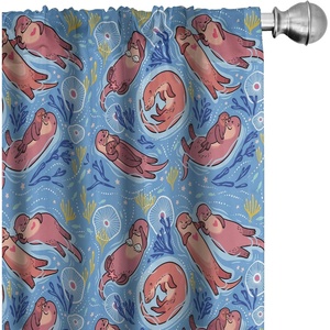 Ambesonne Cartoon Window Curtains, Style Otters with Ornamental Seaweed and Corals in Blue Water, Lightweight Decor 2-Panel Set with Rod Pocket, Pair of – 28″ x 95″, Ocean Blue
