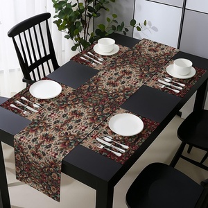 Ambesonne Leaf Table Runner & Placemats, Tropical Jungle Palm Tree Banana Leaves Frangipani Heliconia on Dark Blue Background, Set for Dining Table Decor, Placemat 4 pcs + Runner 16″x72″, Blue Teal(Ruby Laurel Green and Camel)