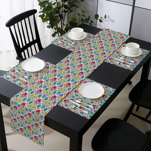 Ambesonne Leaf Table Runner & Placemats, Tropical Jungle Palm Tree Banana Leaves Frangipani Heliconia on Dark Blue Background, Set for Dining Table Decor, Placemat 4 pcs + Runner 16″x72″, Blue Teal(Green Blue Pink)