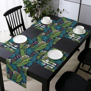 Ambesonne Leaf Table Runner & Placemats, Tropical Jungle Palm Tree Banana Leaves Frangipani Heliconia on Dark Blue Background, Set for Dining Table Decor, Placemat 4 pcs + Runner 16″x72″, Blue Teal(Blue Teal)